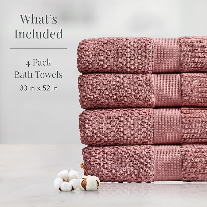 NY Loft 100% Cotton Bath Towel 4 Pack | Super Soft & Absorbent Quick-Dry Bath - Image 2