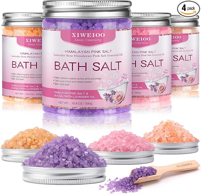 4 Pack Kit Bath Salts for Soaking Himalayan Pink Salt Lavender Orange Rose Pink by XIWEIOOFOOTSOAK
