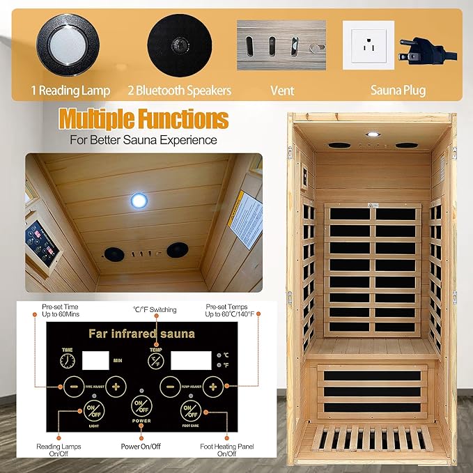 Far Infrared Sauna 1 Person Infrared Sauna Room Canadian Hemlock Wooden Sauna - Image 5