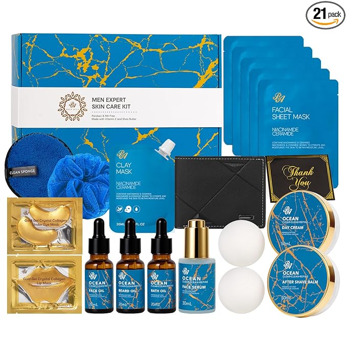 21 Pcs Men Facial Skin Care Set, Father's Day Gifts, Bath & Beard Gift Set by RAROSAACCA