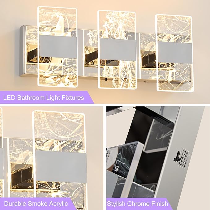 Modern LED Bathroom Light Fixtures Dimmable 3-Light Chrome Vanity Light - Image 6
