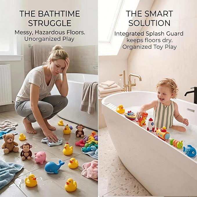 Bathtub Splash Guard for Tub Kids, Silicone Bath Toy Holder & Tub Side Tray - Image 3