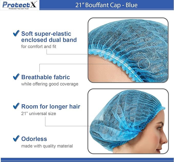 ProtectX 500-Pack Blue Disposable Hair Nets, Elastic Head Cover, Bouffant Caps - Image 4