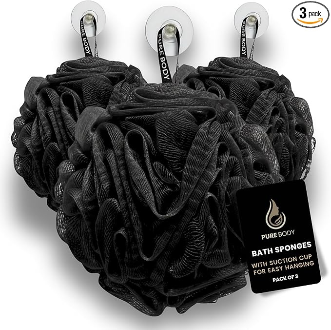 Large Black Bath Sponge, Gentle Exfoliation Mesh Sponges, Long Lasting Loofah by PureBody