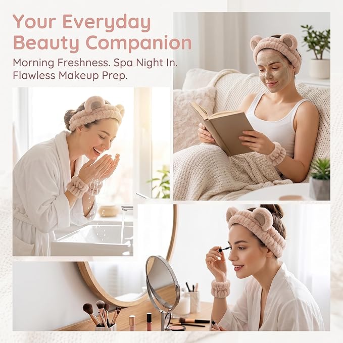 Bear Ears Headband, Cute Spa Headband and Wristband Set Washing Face Skincare - Image 3