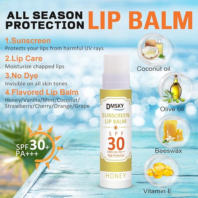 DMSKY SPF 30 Lip Balm 8 Pack, Broad Spectrum Sunblock - Image 4