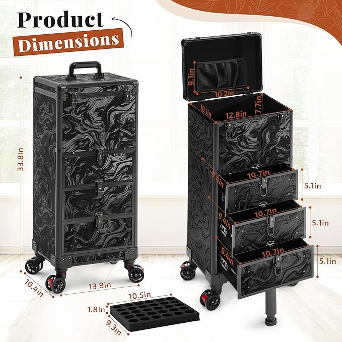 Rolling Makeup Train Case with 3 Drawers, Nail Trolley Cart Salon Station - Image 5