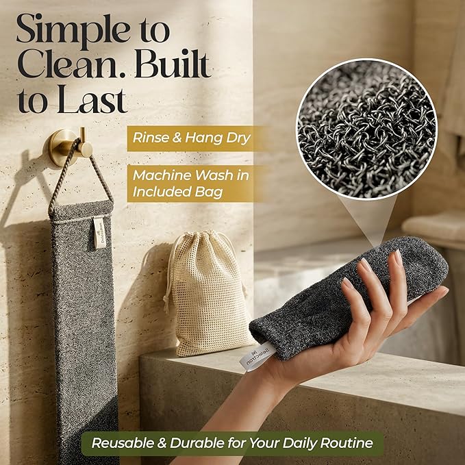 Body Exfoliator Set – Back Scrubber Strap & Exfoliating Glove, 3 Piece Shower - Image 3