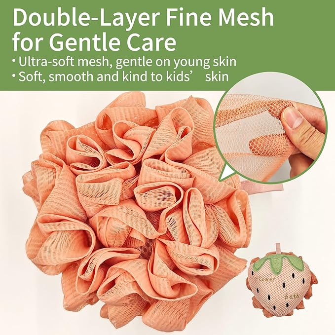 Kids Bath Sponge, Cute Kids Loofah Frog&Strawberry Shower Pouf, Soft Mesh Bath - Image 6