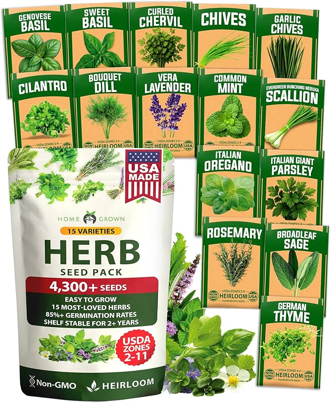 HOME GROWN Herb Seeds for Planting 15-Pack Massive Seed Count 4, 300+ Seeds by HOMEGROWN