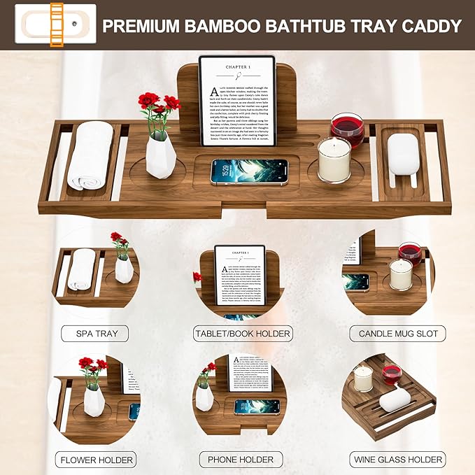 Premium Teak Bathtub Tray Caddy, Expandable Wooden Bath Tray - Image 5