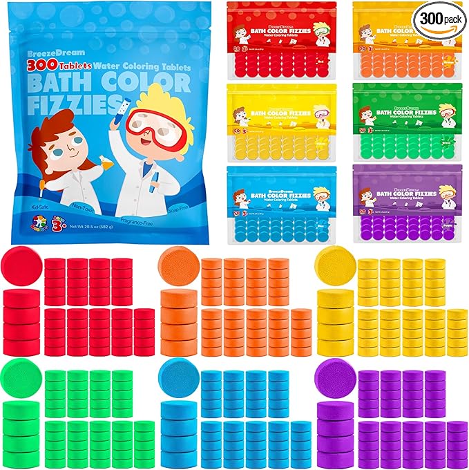 300 Count Bath Color Tablets for Kids, Non-Toxic & Fragrance-Free Fizzies by BreezeDream