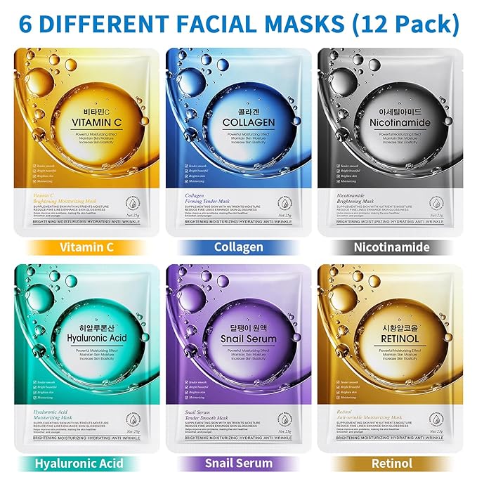 12 Pack Sheet Face Masks Skincare, Mothers Day Gifts, Collagen Face Mask - Image 2