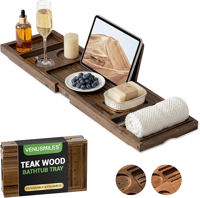 Venusmiles Teak Bathtub Tray Caddy, Foldable Bath Tray by Venusmiles