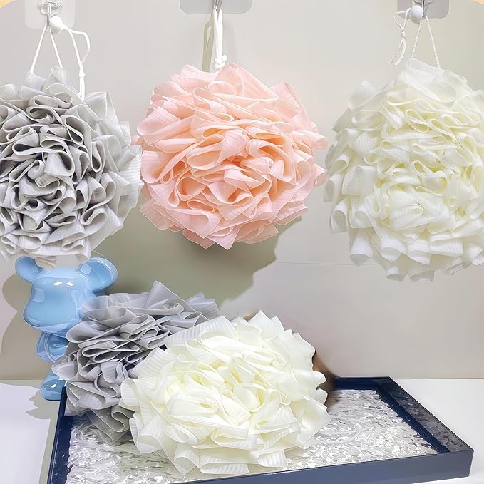 3-Pack Bath Loofah Set with Dual-Sided Shower Puff - Image 2