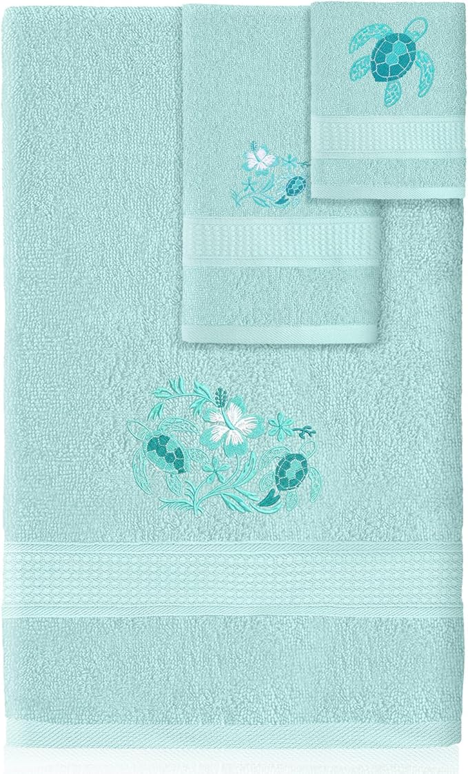 3 Pcs Rustic Sea Turtle Bathroom Towel Set Farmhouse Embroidered Sea Turtle by Unknown