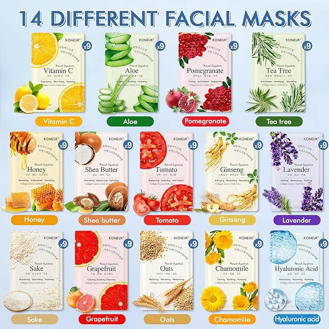 KONEUK 126 Pack Sheet Face Masks Skincare, Bulk Facial Mask Gifts Set - Image 2