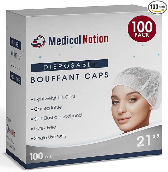 Medical Nation 21" Disposable Bouffant Caps | Pack of 100, Non-Pleated Head by MEDICALNATION
