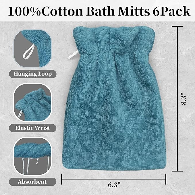 VOOVA & MOVAS 6-Pack Shower Wash Cloth, 100% Cotton Soft Absorbent Bath Mitts - Image 2