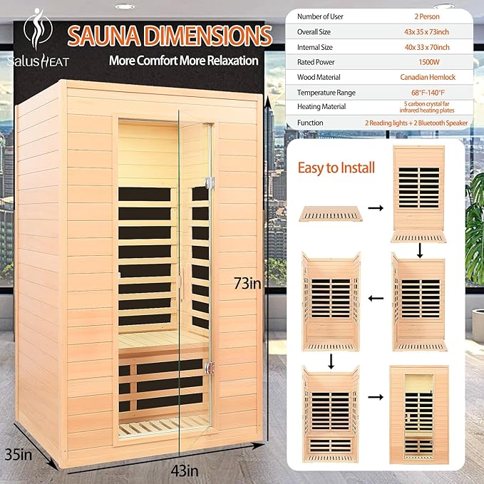 2 Person Infrared Sauna, Low EMF Far Infrared Sauna, Canadian Hemlock Wood Sauna - Image 6