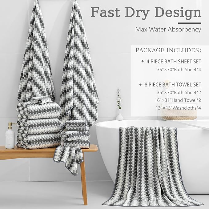 8 Piece Bathroom Towel Set Dark Grey|2 Oversized Large Bath Towels Sheet - Image 4