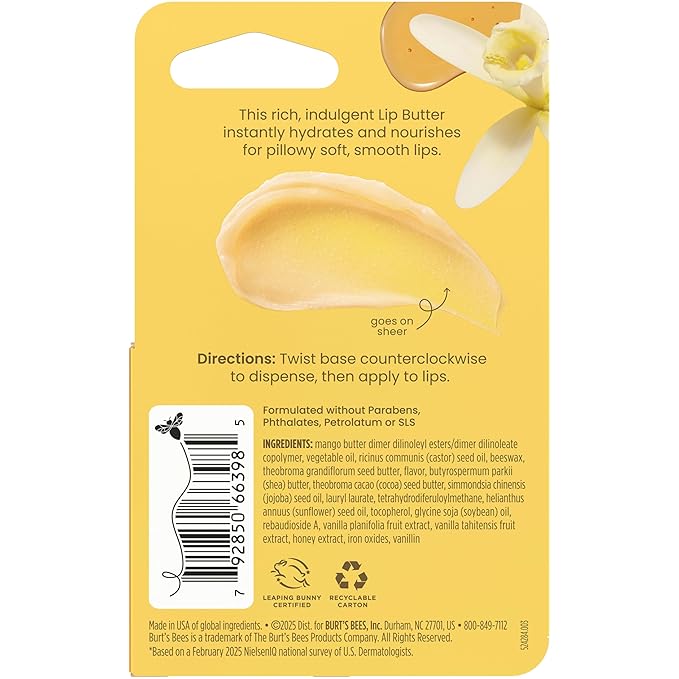 Burt's Bees Vanilla Honey Lip Butter, Repairs Dry Lips, 24 Hour Hydration - Image 13