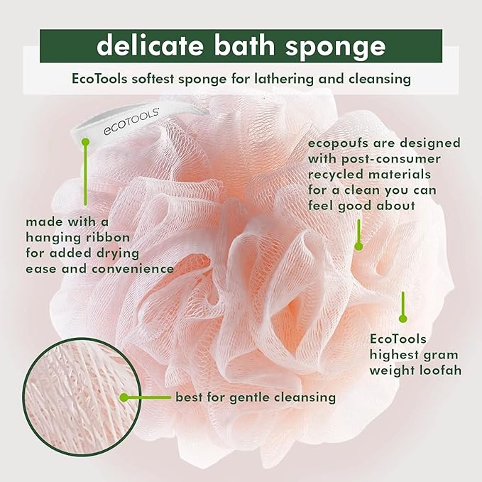 EcoTools EcoPouf 3 Pack Bath Sponge Set, Soft Recycled Netting Shower Poufs - Image 2