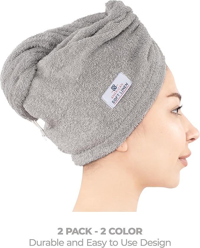 American Soft Linen 100% Cotton Head Towel Cap, Women's Anti Frizz Hair Wrap - Image 4