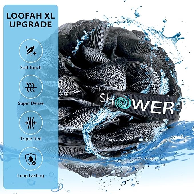 SHOWER BOUQUET Loofah-Charcoal Bath-Sponge-4-Pack // Extra-Large 75g Soft Mesh - Image 3