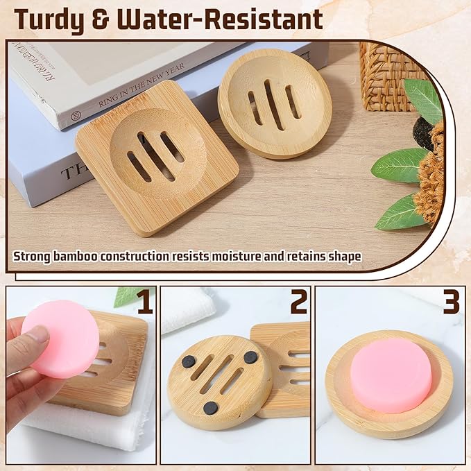 Ymapinc 2-Pack Natural Bamboo Soap Holder, Round+Square Bamboo Soap Dish & - Image 7