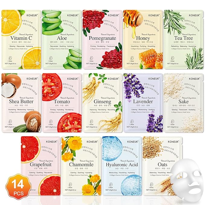 KONEUK 14 Pack Sheet Face Masks Skincare, Hydrating Face Masks Suitable by KONEUK