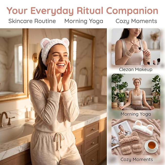 Bear Ears Headband, Cute Spa Headband and Wristband Set Washing Face Skincare - Image 7