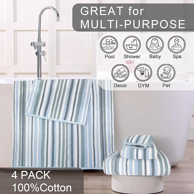 Blue Striped Bath Towels Set of 4, 100% Cotton, Lightweight, Super Soft & - Image 5