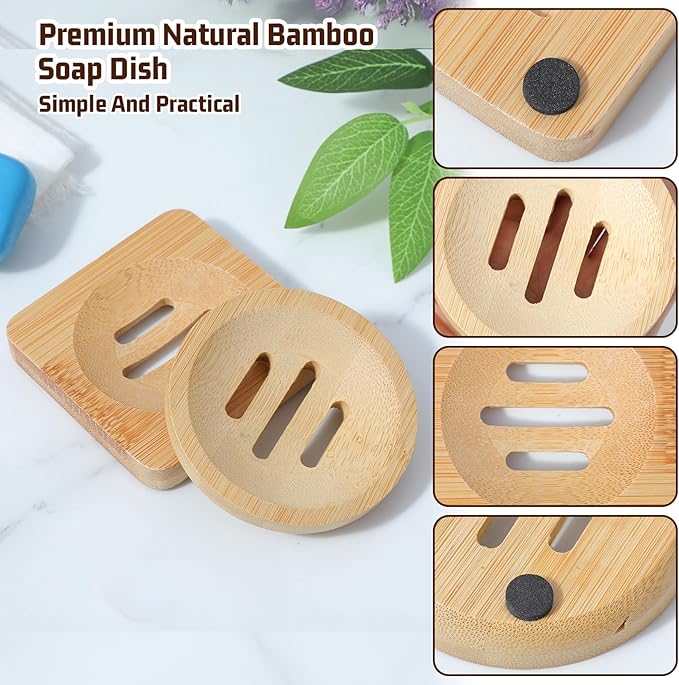 Ymapinc 2-Pack Natural Bamboo Soap Holder, Round+Square Bamboo Soap Dish & - Image 3