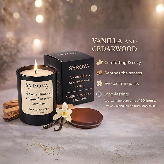 Vanilla & Cedarwood Candle, Luxury Scented Soy Candle 7oz, Cozy Sweet Fragrance - Image 2