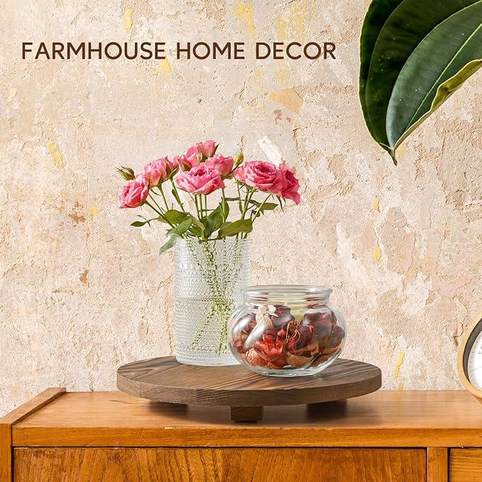 Round Decorative Tray Burnt Wood Bathroom Counter Organizer Pedestal Stand - Image 7