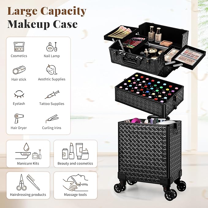 3 in 1 Rolling Makeup Train Case Professional Large Cosmetic Trolley - Image 3