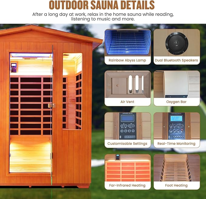 OUTEXER Outdoor 4 Person Sauna Far Infrared Saunas Dry Sauna Room Red Cedar and - Image 5