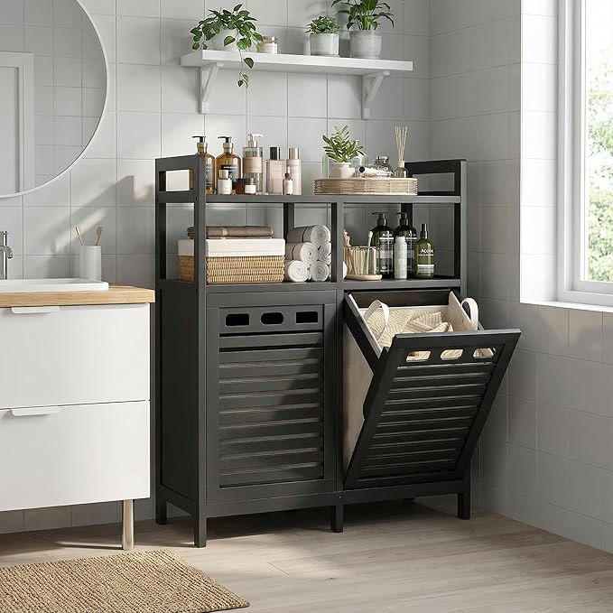 Homykic Tilt Out Laundry Hamper Cabinet, Bamboo Double Laundry Hamper - Image 9