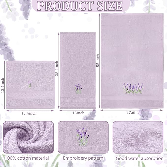 3 Pcs Lavender Floral Bathroom Towel Set Farmhouse Embroidered Lavender Floral - Image 2