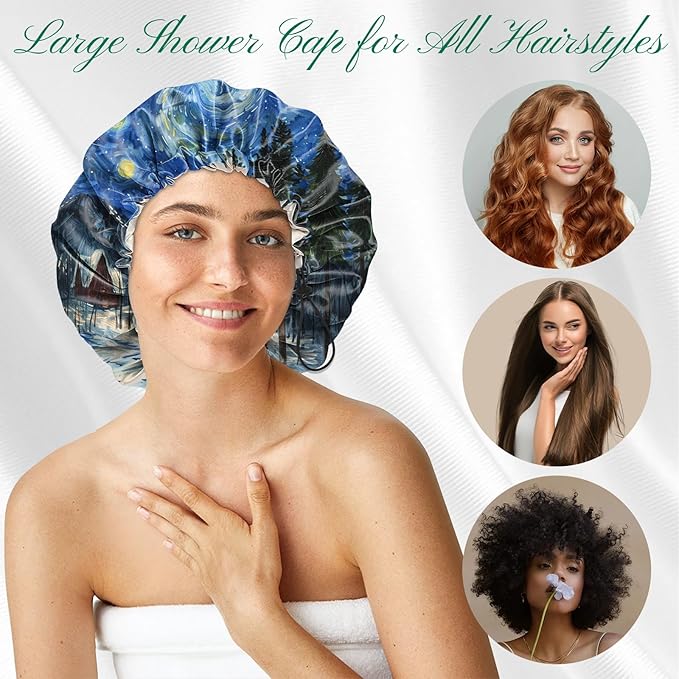 2 PCS Shower Cap Waterproof Double Layer Elastic Adjustable Reusable Hair Bath - Image 4