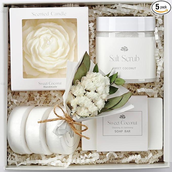Mothers Day Spa Basket for Women – Sweet Coconut Luxury Candle & Bath Set by LaurGifts