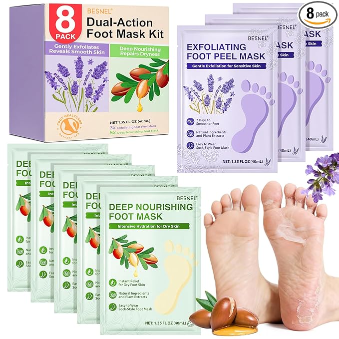 5Pack Moisturizing＆3Psck Foot Peeling Foot Mask, Hydrating Foot Masks Dry by BESNEL