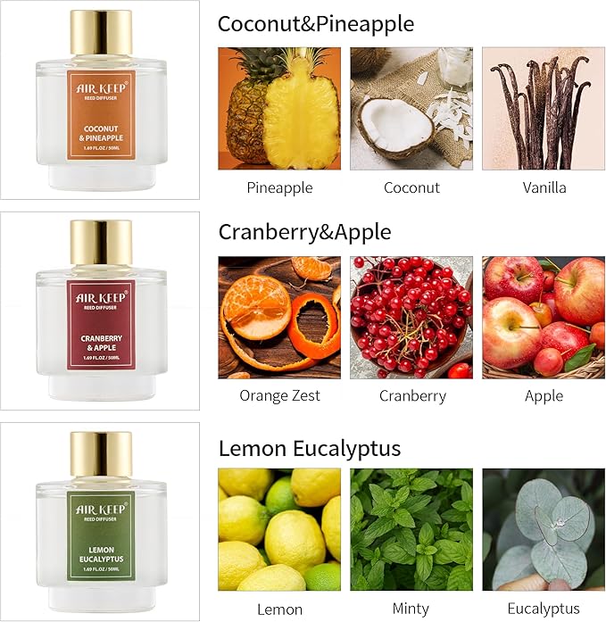 Airkeep Reed Diffuser Set of 3, Coconut Pineapple Lemon Eucalyptus Cranberry - Image 8