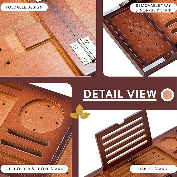 Premium Foldable Bamboo Bathtub Tray Caddy, Expandable Bath Caddy Tray - Image 6
