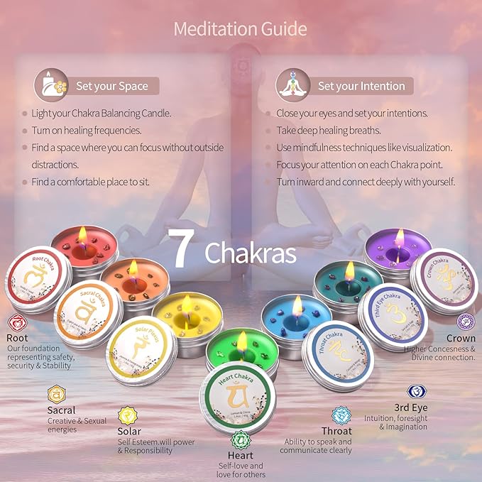 Inspireyes Chakra Candles Set of 7, Meditation Crystal Scented Candles Gift Set - Image 2