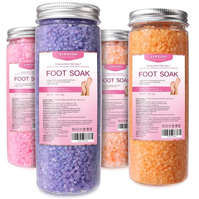 Foot Soak Salts 4 Pack Kit 56 OZ Himalayan Pink Salt Lavender Orange Rose Scent by XIWEIOOFOOTSOAK