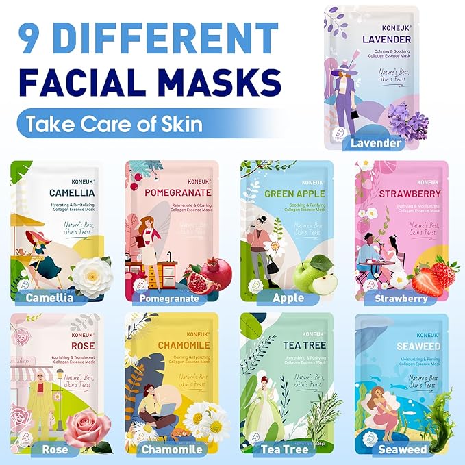 KONEUK 9 Pack Hydrating Face Masks Skincare, Bulk Sheet Face Mask - Image 3