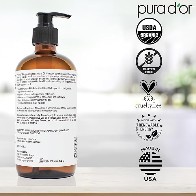 PURA D'OR ORGANIC Sweet Almond Oil 100% Pure & Natural USDA Certified Cold - Image 6