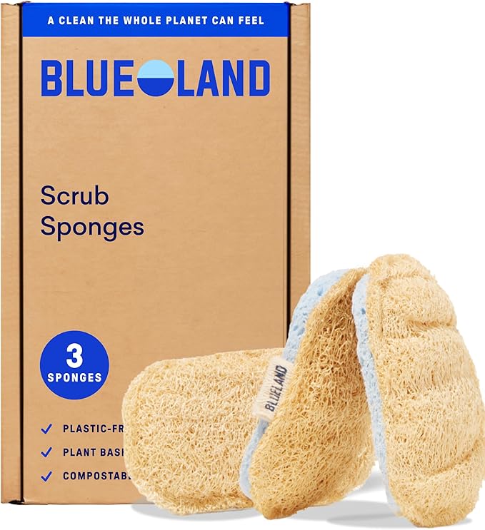 BLUELAND Scrub Sponge, Dual-Sided Dish Loofah, Plastic-Free, Plant-Based by BLUELAND